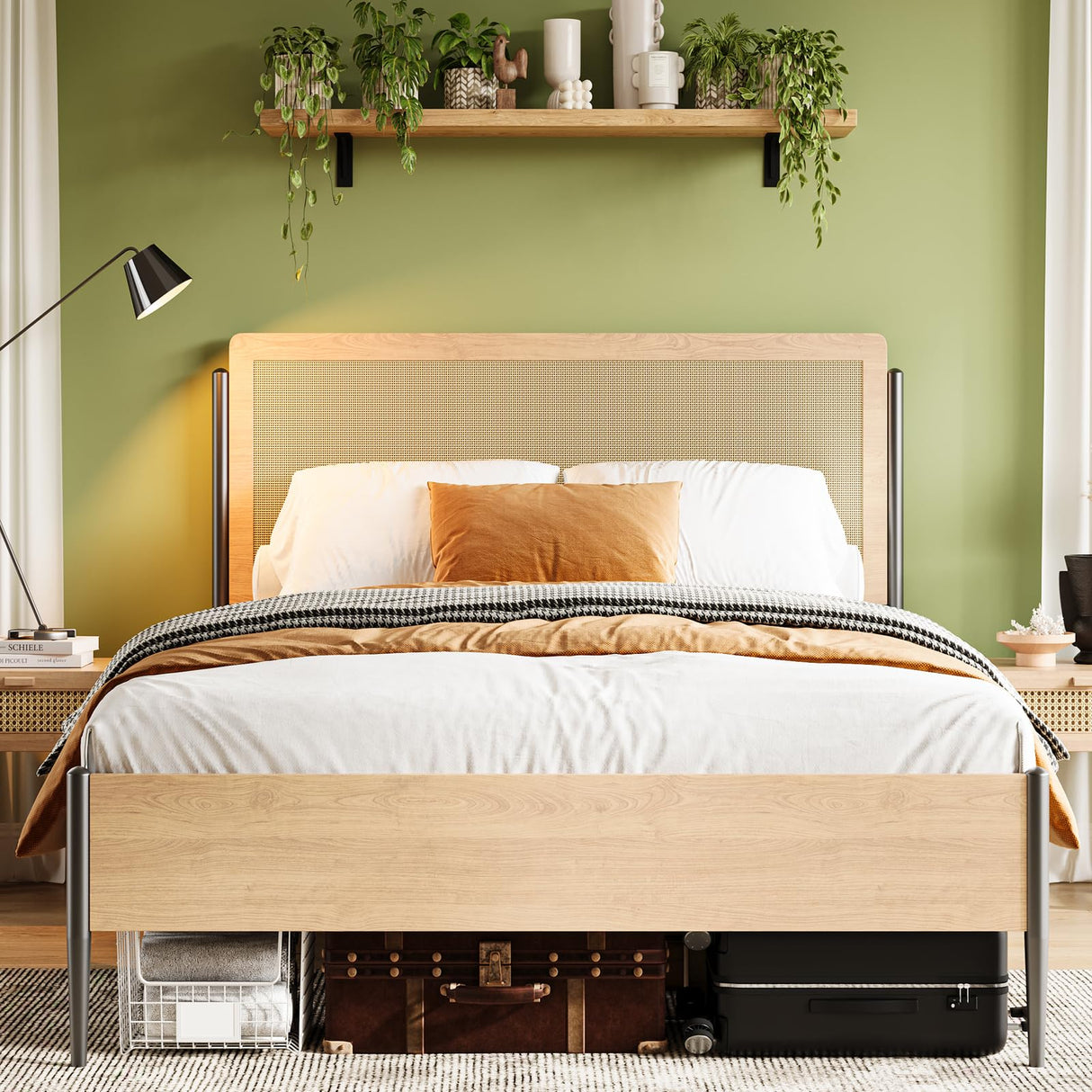 GarveeHome Queen Size Bed Frame with Rattan Headboard, Rattan Queen Platform Bed Boho Style with Strong Metal Slats Support, Under Bed Storage, Noise-Free, No Box Spring Needed, Light Oak GarveeHome