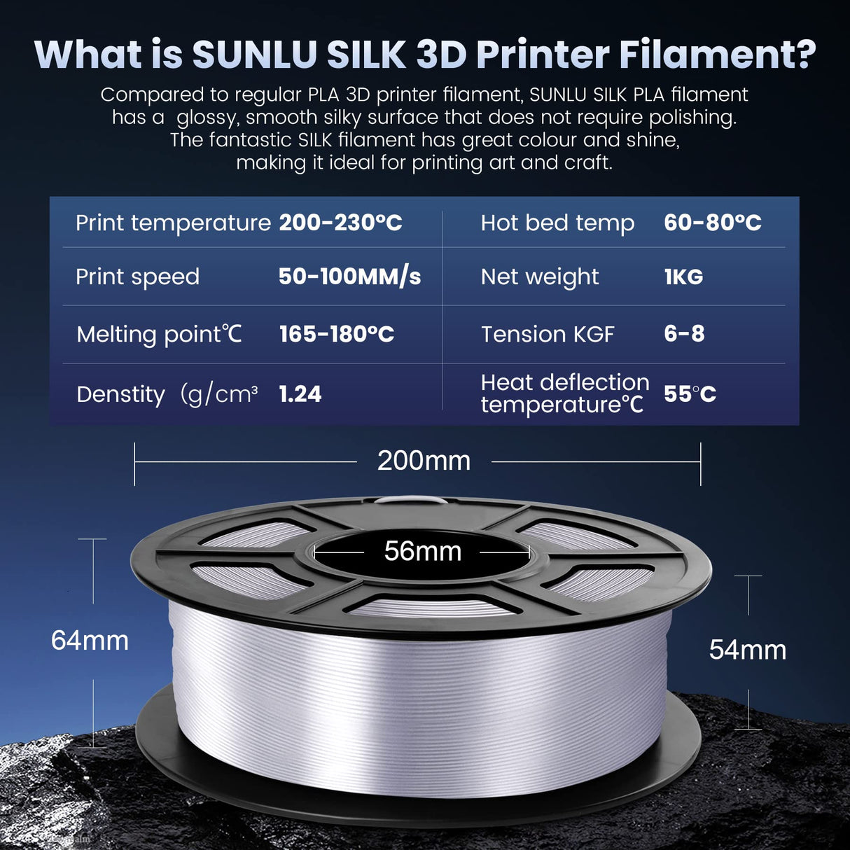 SUNLU 3D Printer Silk Filament,Shiny Silk PLA Filament 1.75mm, Smooth Silky Surface, Great Easy to Print for 3D Printers, Dimensional Accuracy +/- 0.02mm, Silk Silver 1KG SUNLU