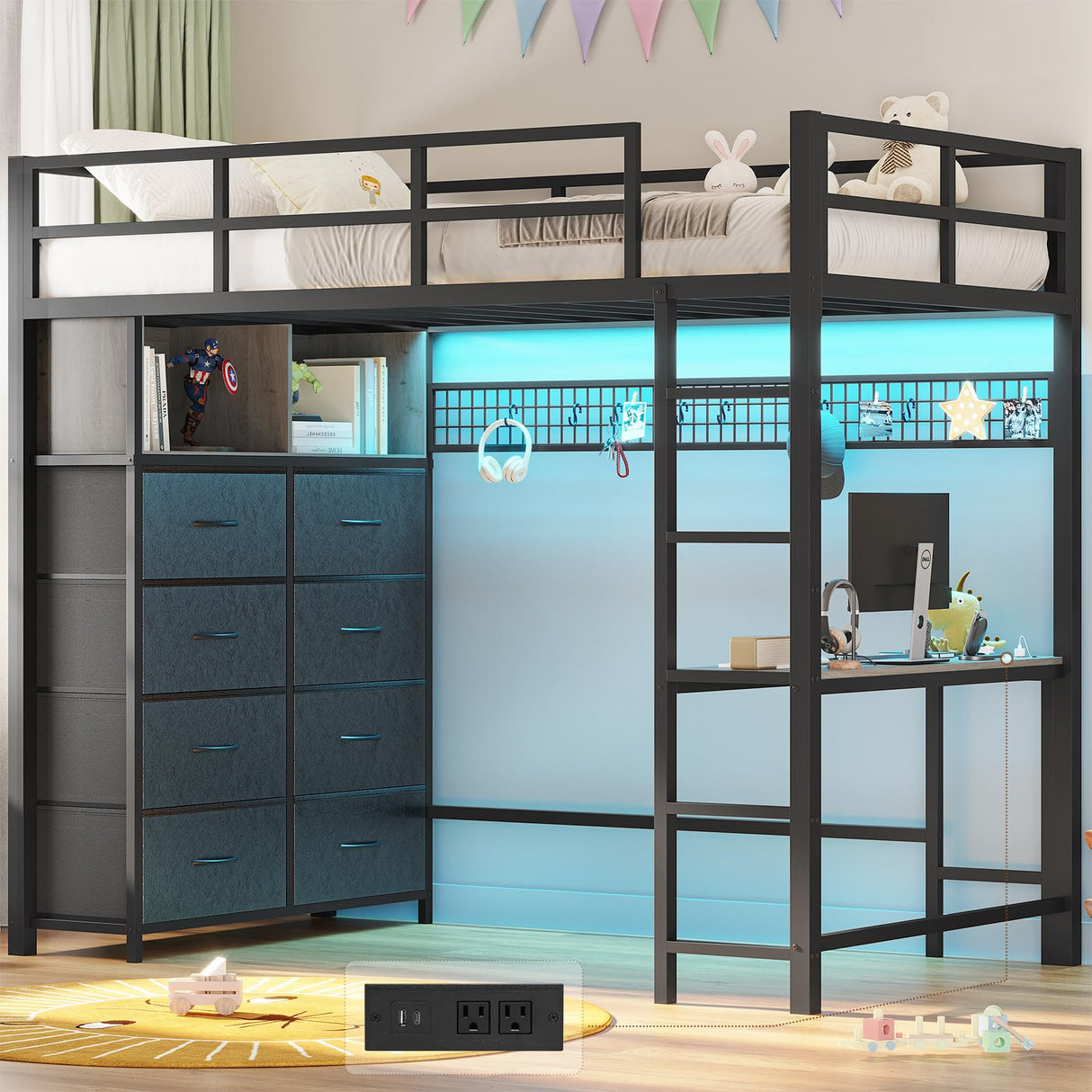 ADORNEVE Twin Size Loft Bed with Desk and 8 Storage Drawers, Metal Loft Bed Twin with LED Lights & Charging Sation, Storage Shelves, 13.1" H Safety Guard & Ladder, No Box Spring Needed, Grey ADORNEVE