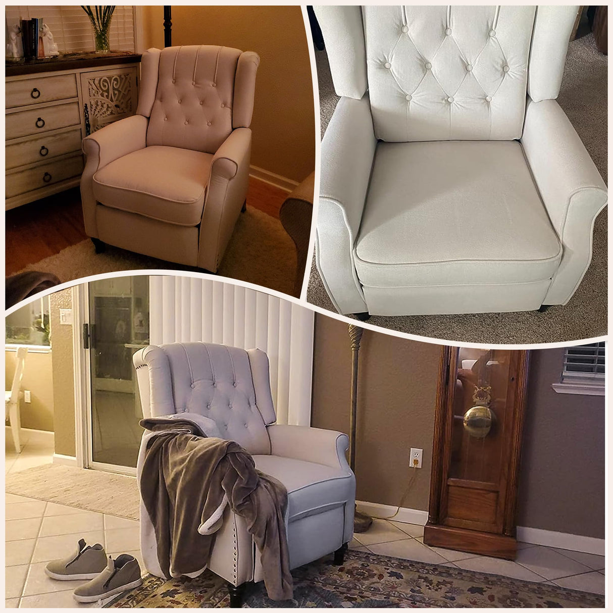 Bonzy Home Push Back Recliner Chair, Mid Century Modern Wingback Chair, Comfy Armchair Fabric Living Room Chairs with Rivet Decoration, Button-Tufted Back, Solid Wood Legs, Beige Bonzy Home