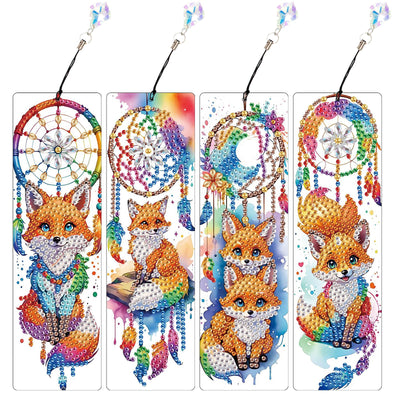 TDFERAN 4PCS Diamond Bookmarks Dreamcatcher Fox Diamond Painting Kits with Tassels Pendants DIY Rhinestones Paint Bookmark for Writers Readers Funny Bookmarks Colored Gem Animal Bookmark