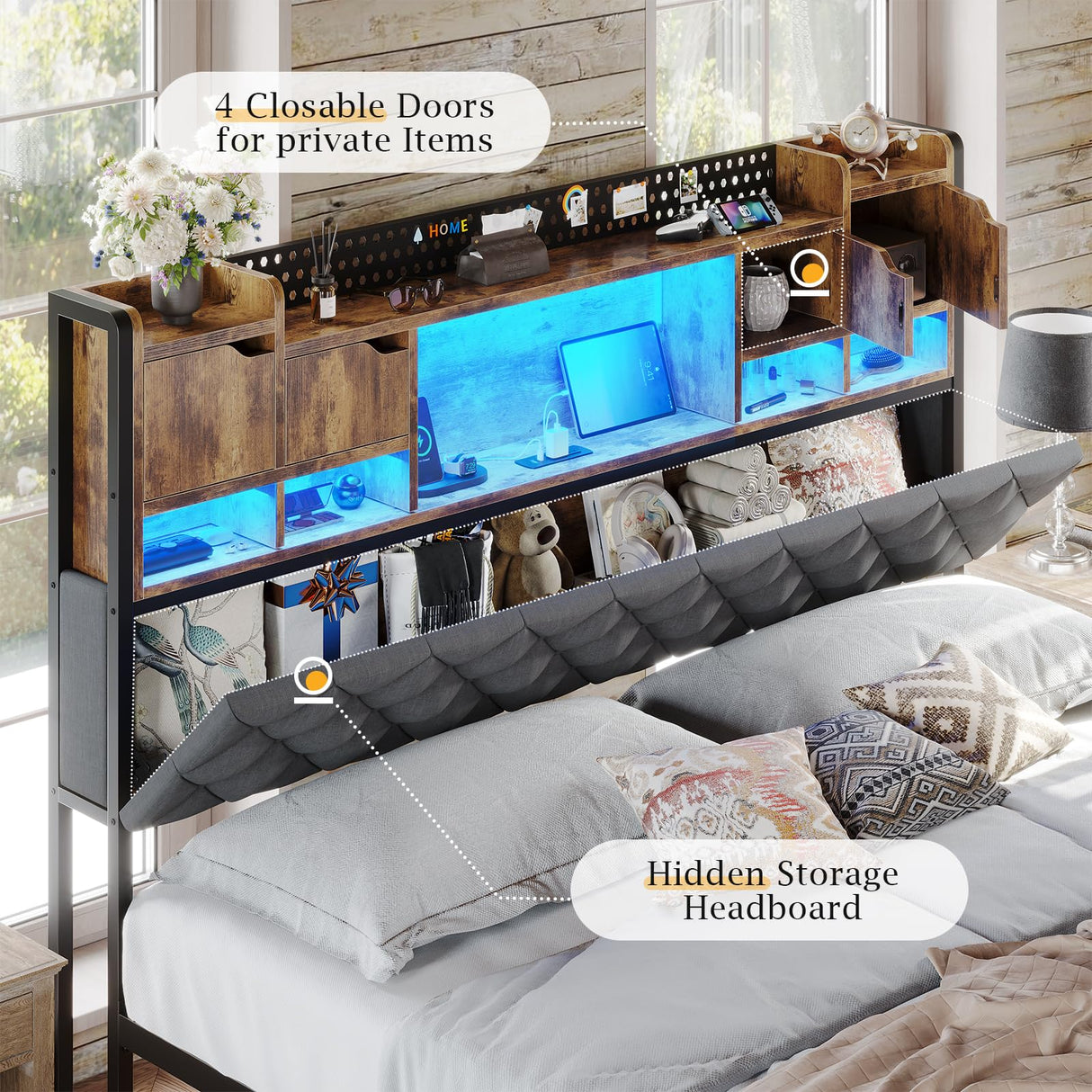 BYSAUD King Size Bed Frame with Headboard, Upholstered King Bed Frame with 3-Tier Storage Shelves & Hidden Space, King Platform Bed Frame with Charging Station & LED Lights, Heavy Metal Slat Support BYSAUD