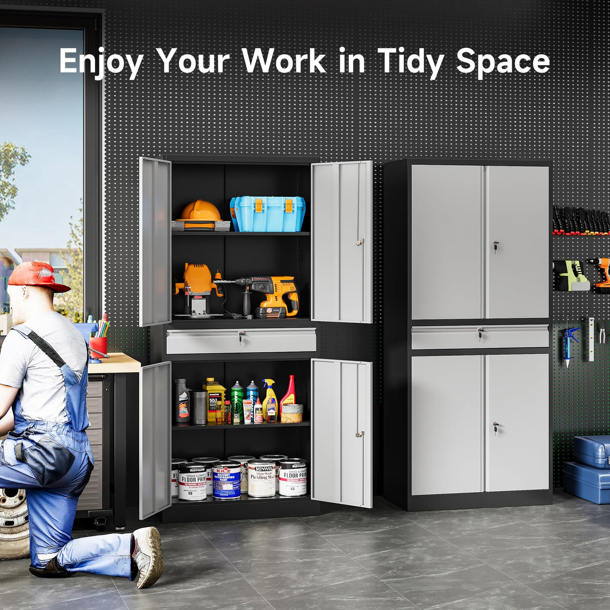 Metal Garage Storage Cabinet with Doors and Shelves,Metal Storage Cabinet with Lock and Drawer,Metal Cabinet with Locking Doors,4 Door Steel Cabinet,71" Lockable Storage Cabinet for Garage,Home,Office SISESOL