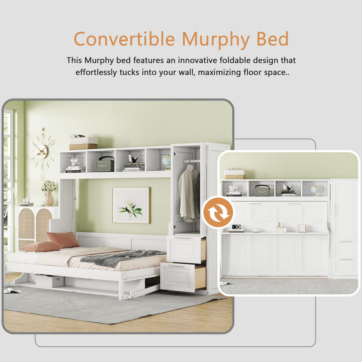 Linique Full Size Murphy Cabinet Storage Wall Bed with Closet and Drawers and Built-in Top Shelf,Hide a Bed on a Wardrobe Space Saving Design,White Linique