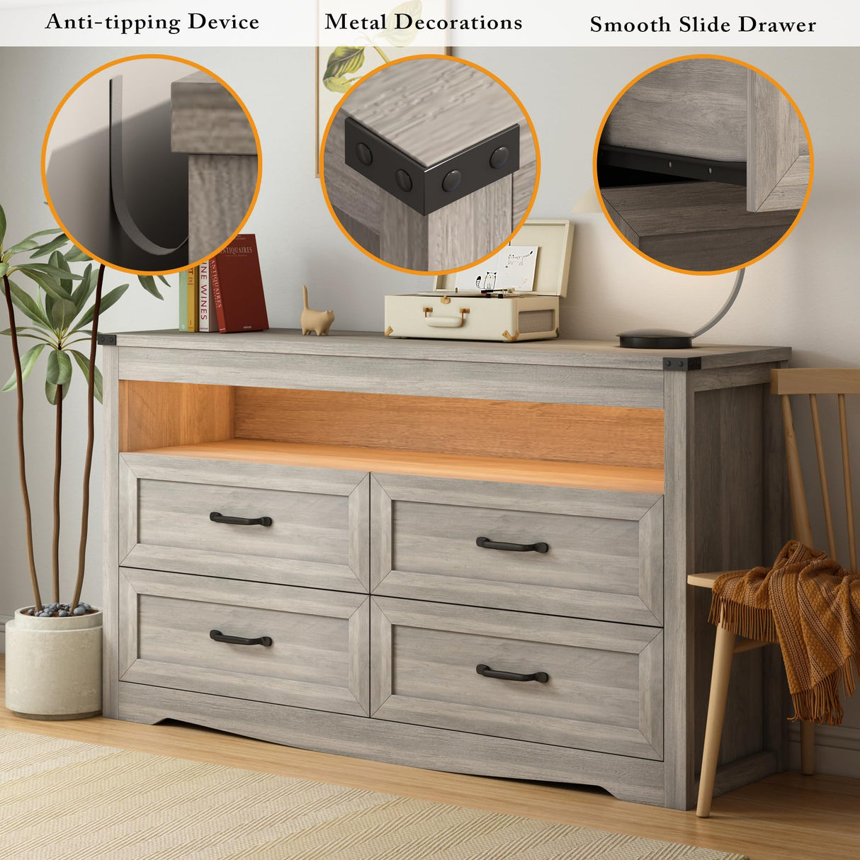 Wodeer 4 Drawer Dresser Chests with LED Light,Wide Chest of Drawers with Metal Handles,Wood Dresser for Storage and Organization for Bedroom,Living Room, Nursery,Hallway,Gray Wodeer