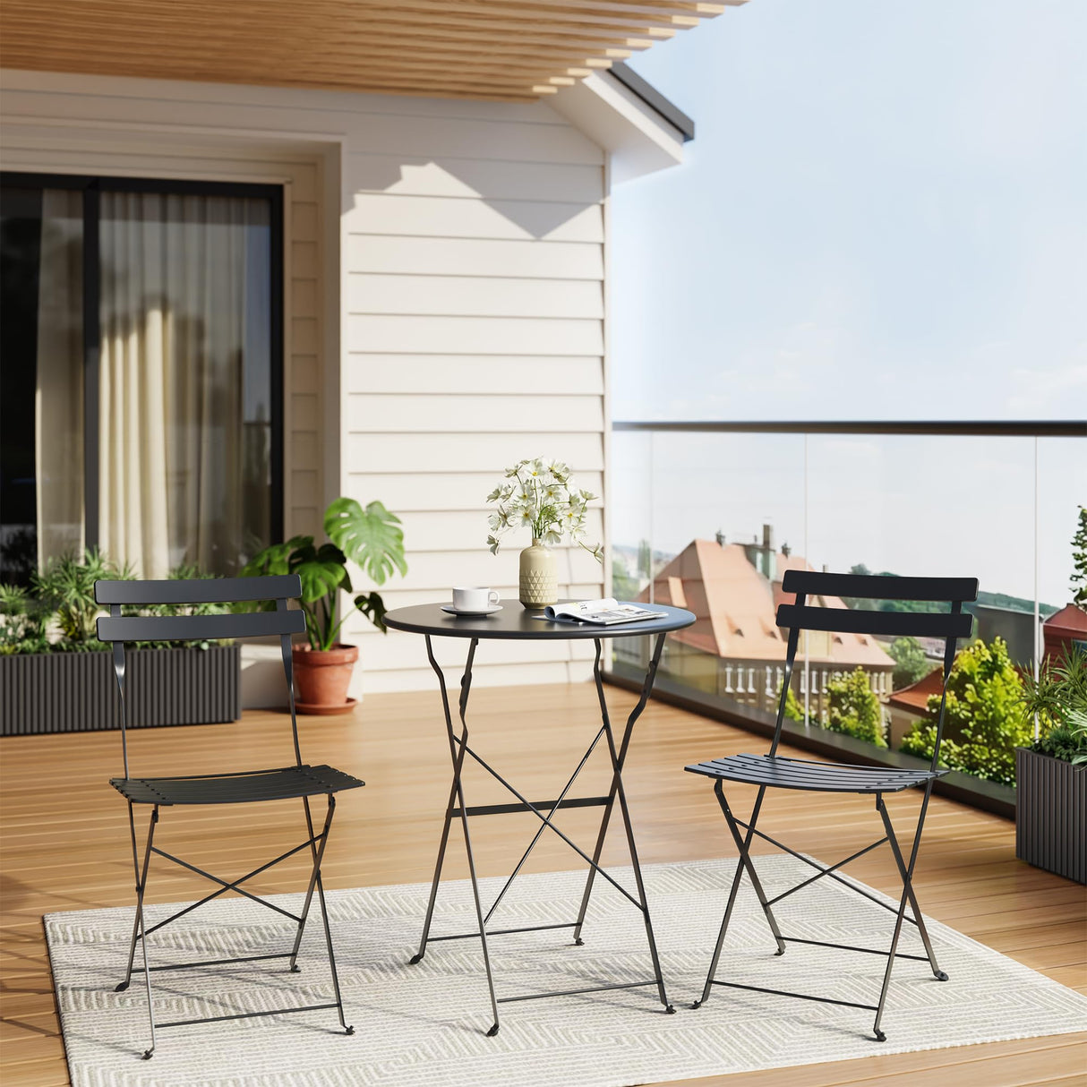 Bistro Table and Chairs Set of 2, 3 Piece Outdoor/Indoor Folding Patio Bistro Sets, 2 Chair Patio Furniture Set with Table, Premium Frame Foldable Coffee Tables for Balcony, Yard, Garden, Black IDEALHOUSE