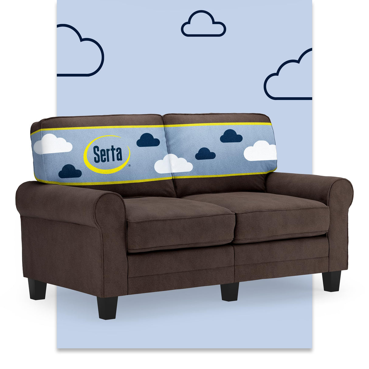 Serta Copenhagen 61" Rolled Arm Sofa, Easy Care Polyester, Soft Pillow Back, Pocket Coil Seat Cushions, Removable Covers, Loveseat or Couch for Small Spaces, Living Rooms or Bedrooms, Dark Brown Serta