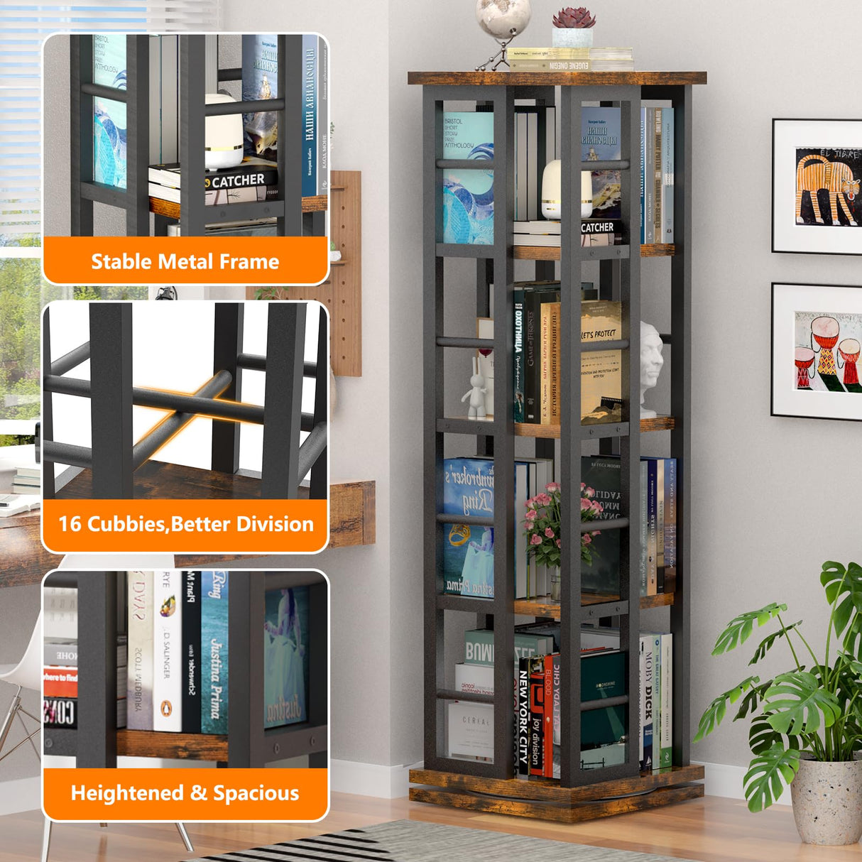 EasyCom 360° Rotating Wood Bookshelf with Metal Frame - 4-Tier Corner Storage for Living Room and Office, Brown EasyCom