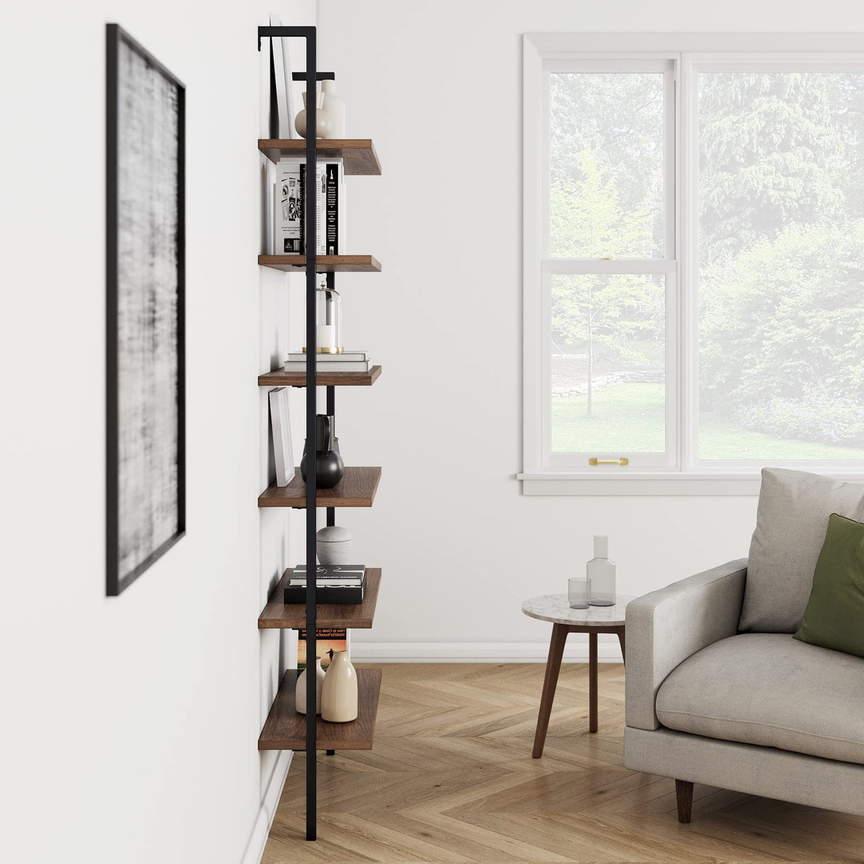 Nathan James Theo 6-Shelf Tall Bookcase, Wall Mount Bookshelf with Reclaimed Wood and Industrial Metal Frame, Oak/Black Nathan James