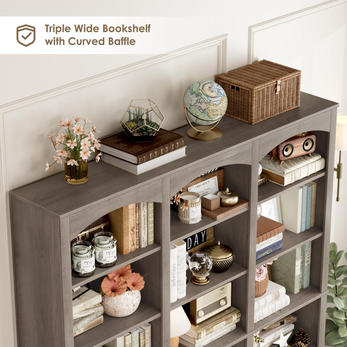 FACBOTALL 71" Triple Wide Bookshelf, 6 Tier Tall Bookshelf, Large Bookcase with Curved Baffle, 63.4" Wide Book Shelf with 18 Open Display Shelves for Living Room, Study, Gray FACBOTALL