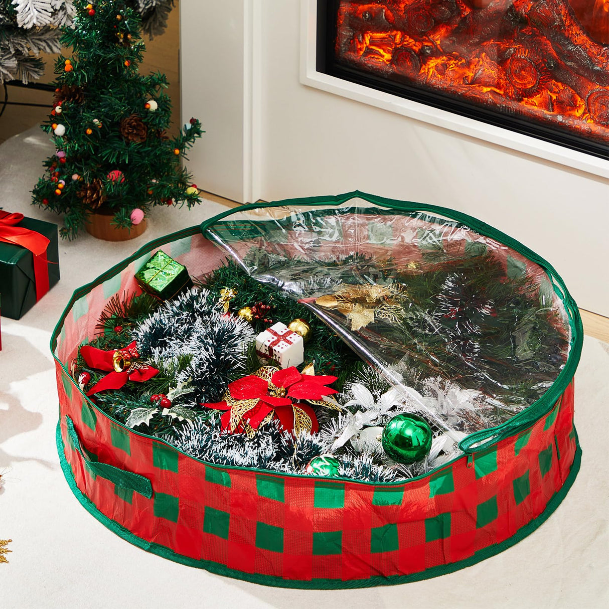 Aliceset 4 Pack Wreath Storage Containers, Storage Bags with Window and Handles, Durable Decoration Box Holder for Holiday(36 x 36 x 7.8 Inch,Red Green Plaid) Aliceset