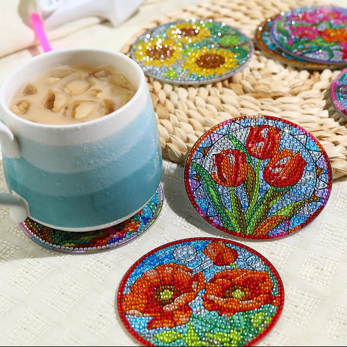 8 PCS Flowers Diamond Art Coasters Kits, Diamond Painting Coasters with Holder Set of 8, DIY Drink Coasters Art Crafts Supplies for Adults Cup Mat for Home Decor House Warming Gifts Non-Slip 3.9inch FOXKISS