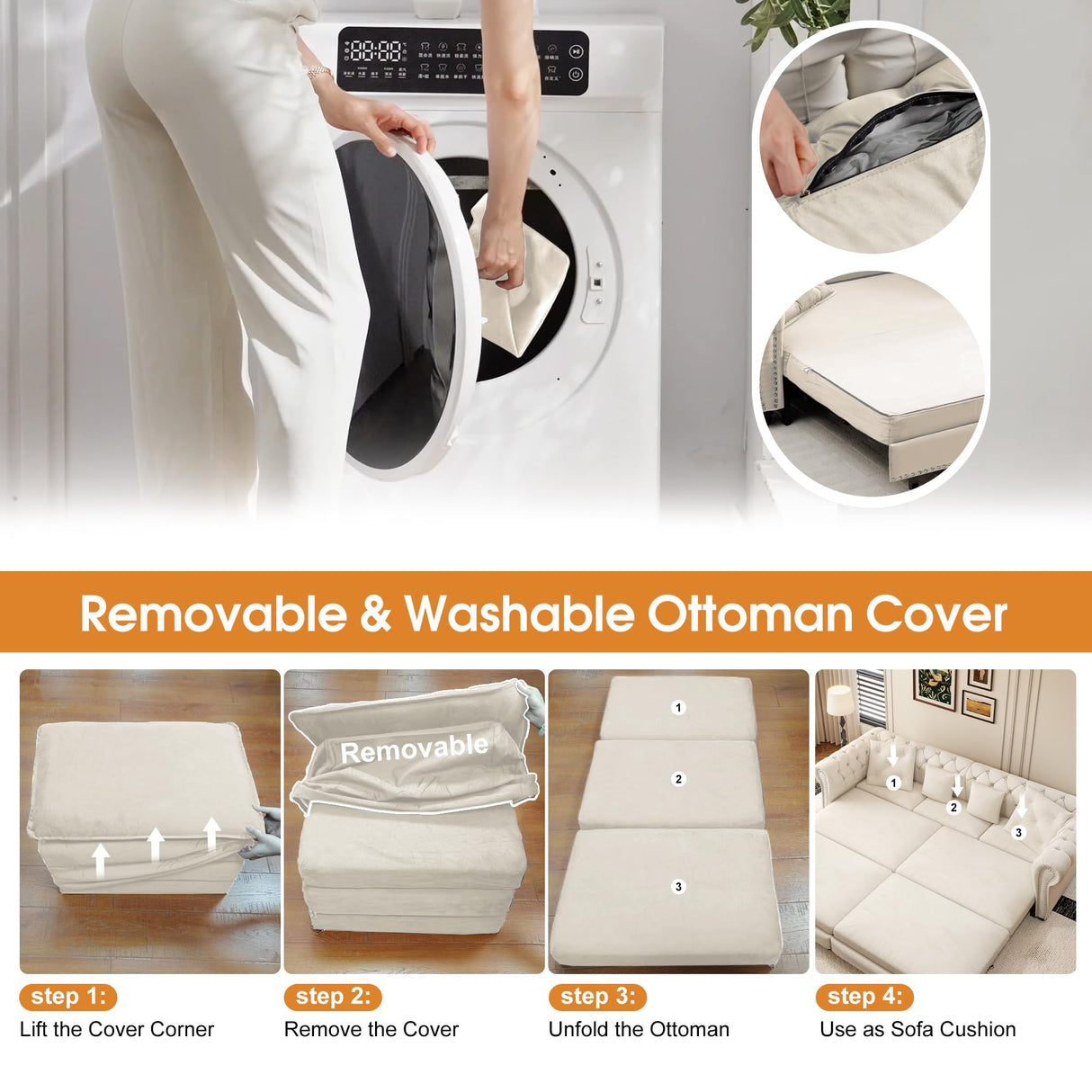 UQGVML Oversized Sleeper Sofa Couch, Convertible Sleeper Sofa Bed for Living Room, Bedroom, Classic 3-in-1 Pullout Couch Bed Chesterfield Style (Beige, with Ottoman) UQGVML