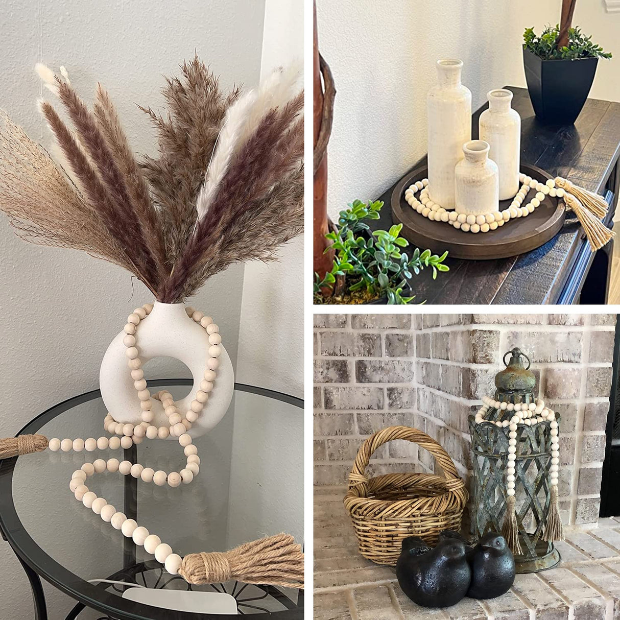 DECORKEY Farmhouse Wood Beads Garland Decor, 2 Pack 58 Inch Wooden Beads for Boho Home Decor with Tassels, Rustic Country Decor for Coffee Table, Wall, Shelf, Tray, Vase, Living Room, Bedroom DECORKEY