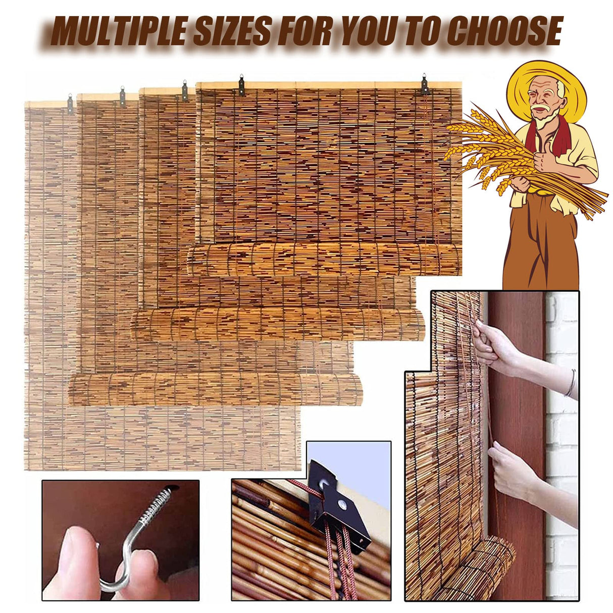 Outdoor Bamboo Shades for Patio Bamboo Roll Up Blinds, Bamboo Roll Up Shades Reed Shades Bamboo Roller Blinds Patio Shades Roll Up Outdoor for Indoor/Outdoor Privacy 27×59in(W×H) White OCAZI