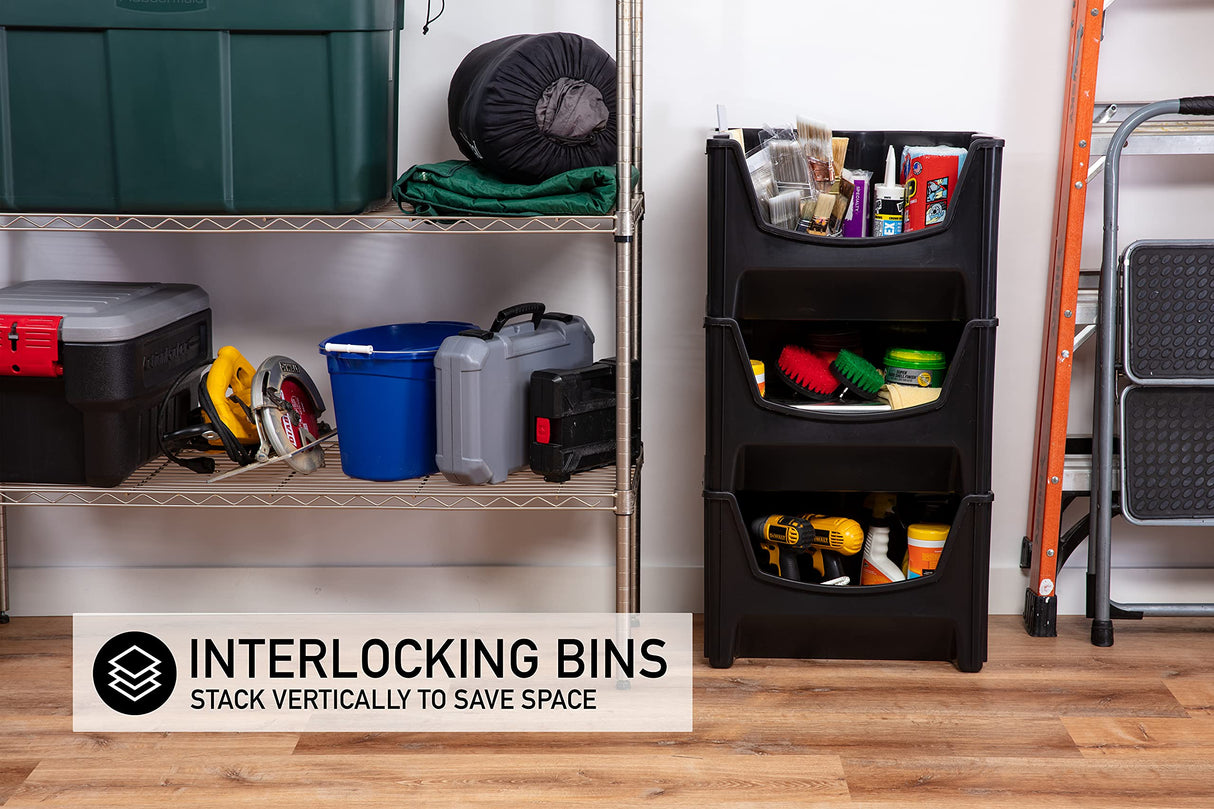 Mighty Tuff Jumbo Stackable Storage Bins, Pack of 3, Easy-Access Storage, Large Easy-To-Grip Handles, Wide Front Opening, Interlocking, Stack Vertically, Black Mighty Tuff