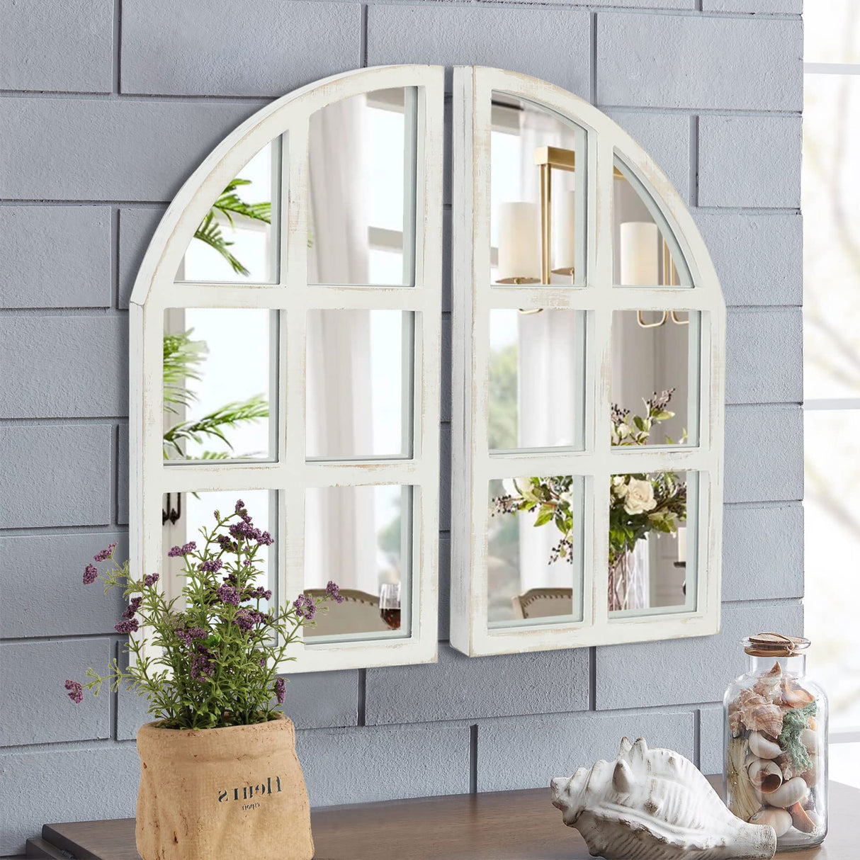 FLORA Farmhouse Mirror, Arch Window Wall Mirror for Kitchen Bedroom Living Room Wall Decor, Set of 2 FLORA