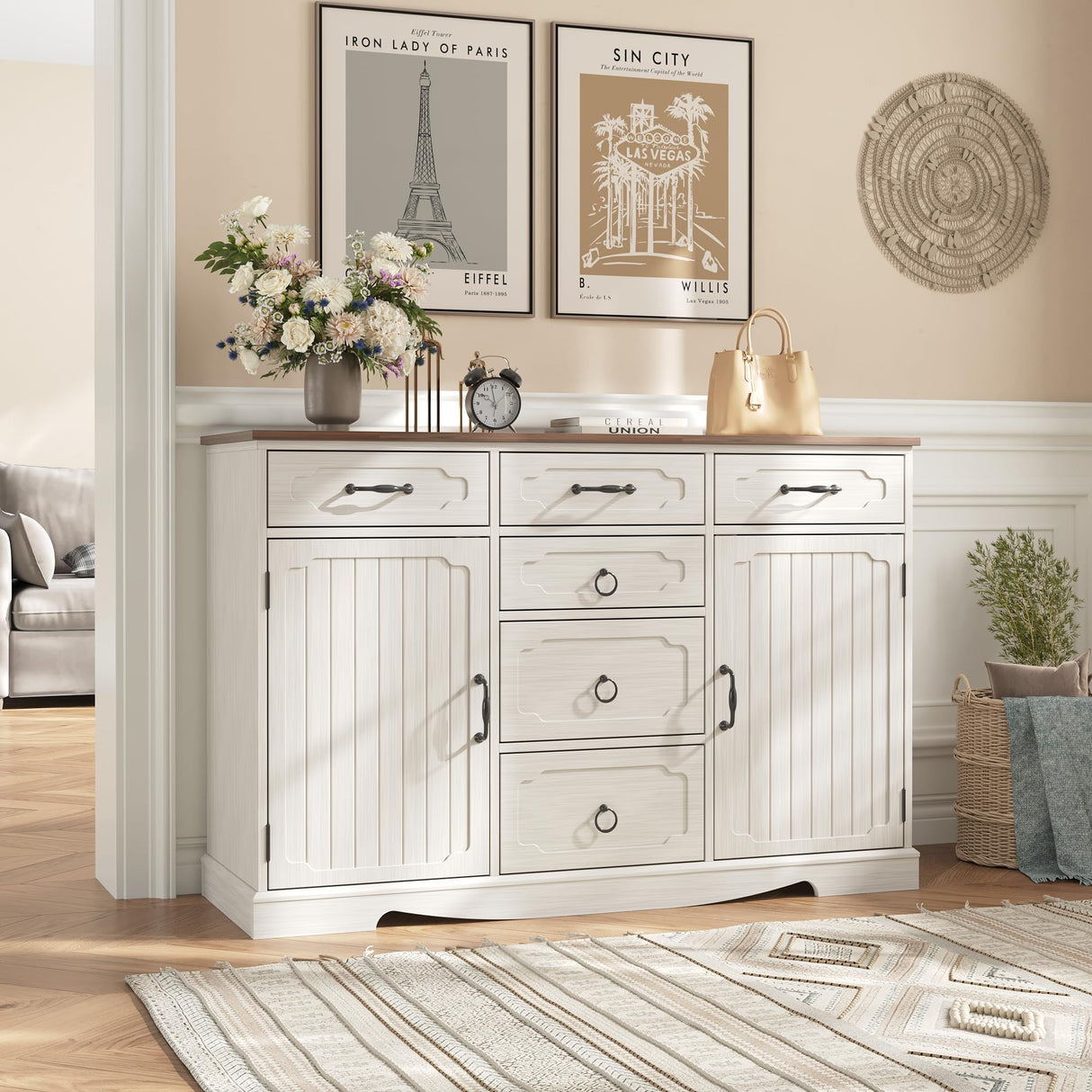 Maupvit Buffet Cabinet, Sideboard Cabinet with 2 Doors and 6 Drawers, Modern Farmhouse Buffet Table with Storage & Adjustable Shelves for Kitchen, Coffee Bar Table for Dining, Living Room (White) Maupvit