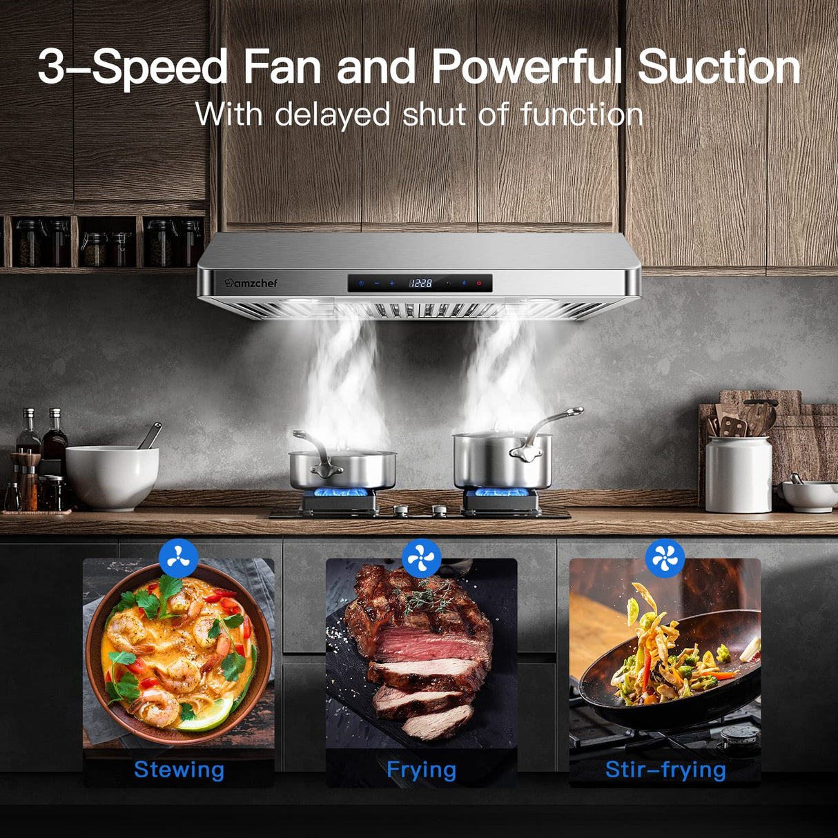 AMZCHEF Under Cabinet Range Hood 30 Inch, 700CFM Stainless Steel Kitchen Stove Vent Hood 3 Speed Exhaust Fan Touch/Remote/Gesture Control LED lights Time Setting Dishwasher-Safe Baffle Filters AMZCHEF
