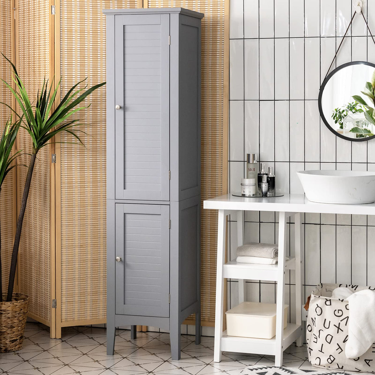 Tangkula 5-Tier Freestanding Grey Bathroom Storage Cabinet with Doors and Shelves Tangkula