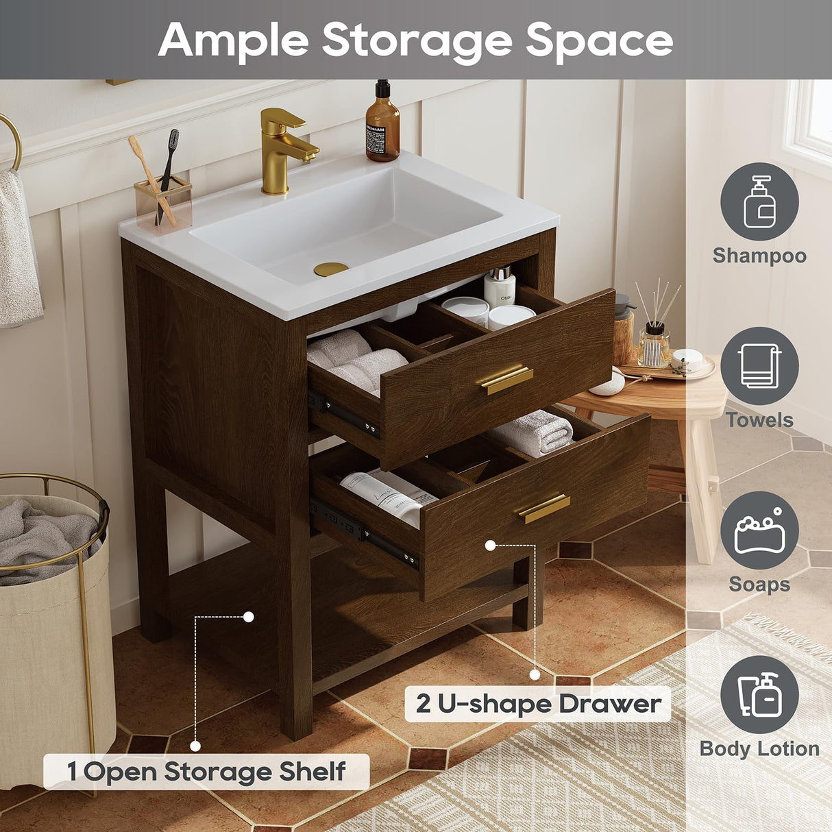 DELUXE LIVING 24 Inch Bathroom Vanity with Sink, Farmhouse Storage Cabinet with Drawers & Open Storage Shelf, Easy Assembly, Adjustable Feet, Walnut DELUXE LIVING