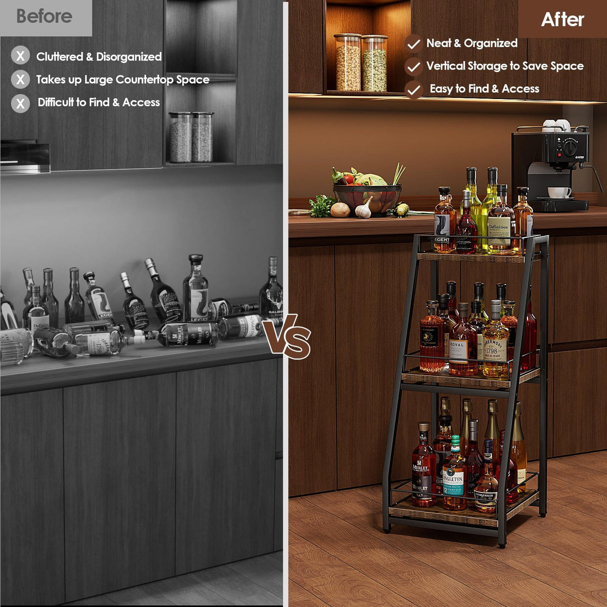 Nuovoware 3-Tier Stepped Liquor Cabinet Mini Bar, Wine Rack Freestanding Floor for Whiskey, Corner Liquor Bottle Display Shelf with Fences and Slide Drawer for Home Kitchen Dining Living Room, Black Nuovoware