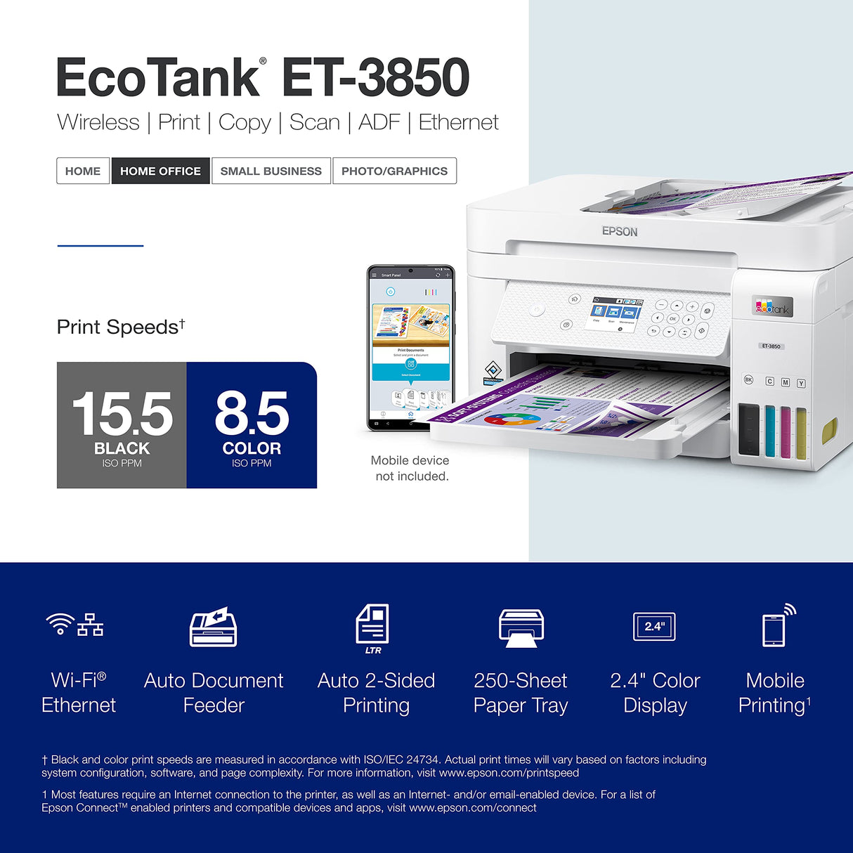 Epson EcoTank ET-3850 Wireless Color All-in-One Cartridge-Free Supertank Printer with Scanner, Copier, ADF and Ethernet – The Perfect Printer Home Office,White Epson