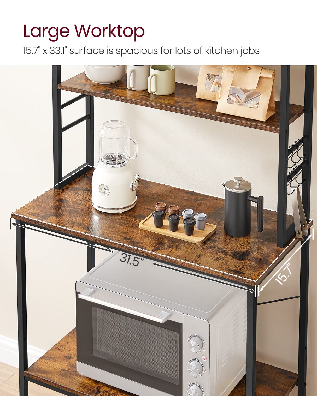 VASAGLE Coffee Bar, 31.5 Inches Baker's Rack for Kitchen with Storage, 6-Tier Kitchen Shelves with 6 Hooks, Microwave Stand, Industrial, Rustic Brown and Black UKKS019B01 VASAGLE