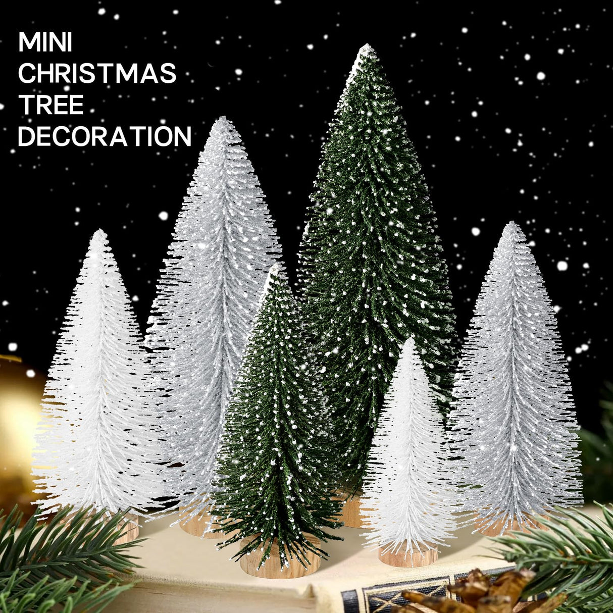 6pcs Mini Christmas Trees Christmas Decor, Artificial Christmas Mini Bottle Brush Trees Tabletop, Christmas Decoration Trees with 4 Size Xmas Holiday Decor (6pcs Green+Silver+White) KPX