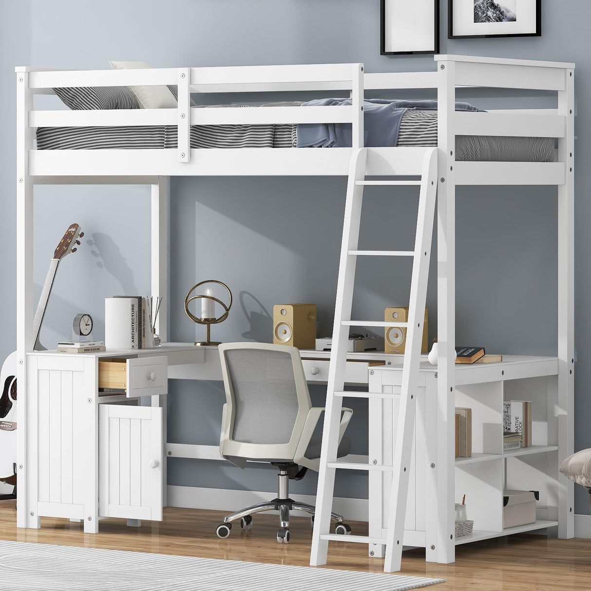 Harper & Bright Designs White Twin Size Loft Bed with U-Shaped Desk, Drawers, and Storage Shelves Harper & Bright Designs