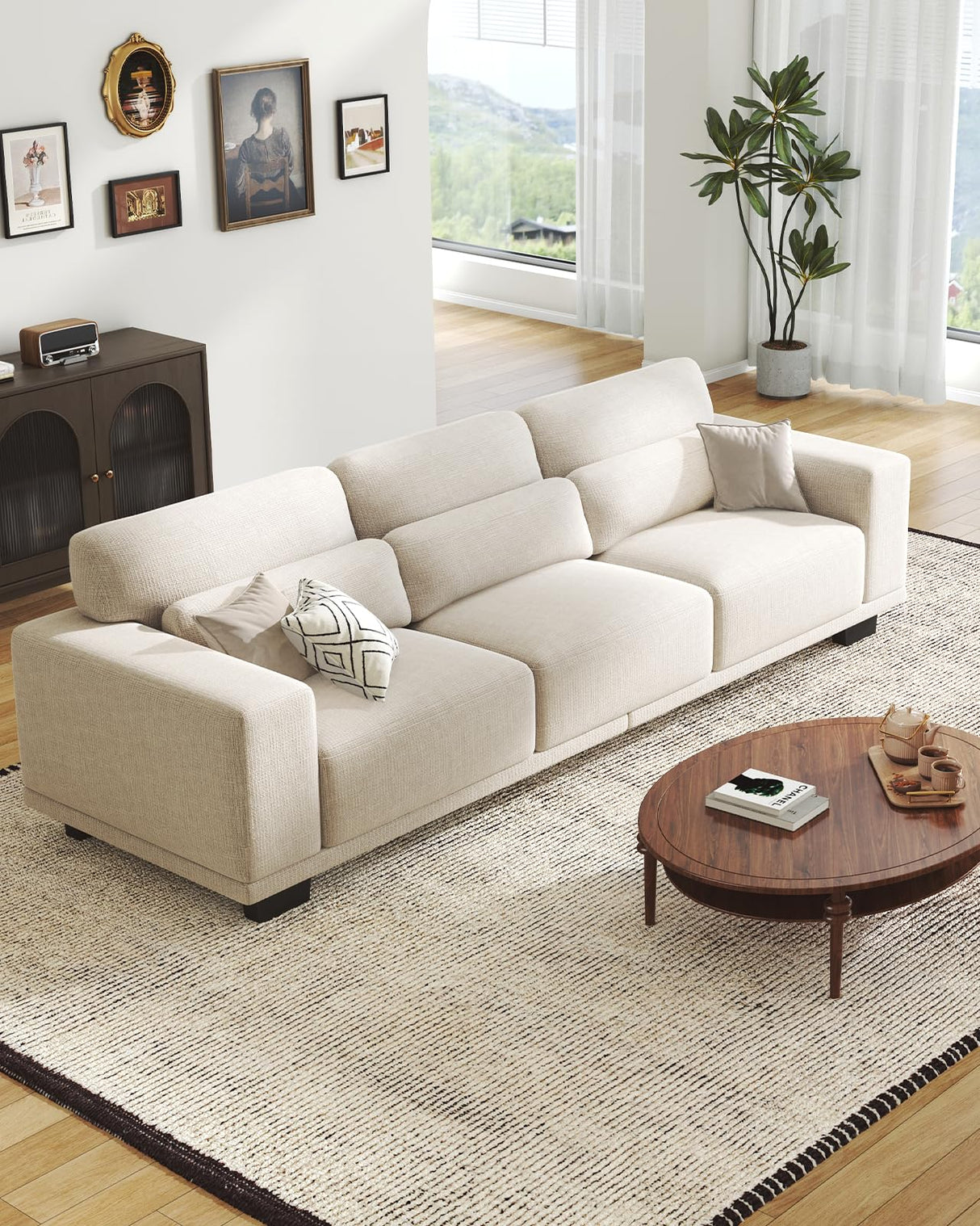 Pipishell 3 Seater Sofa Couch with Deep Seats and Wide Armrests, 89" Couches for Living Room, Comfy 3-Seater Futon Sofas, Modern Upholstered Couch with Removable Washable Cover, Linen Fabric, White Pipishell