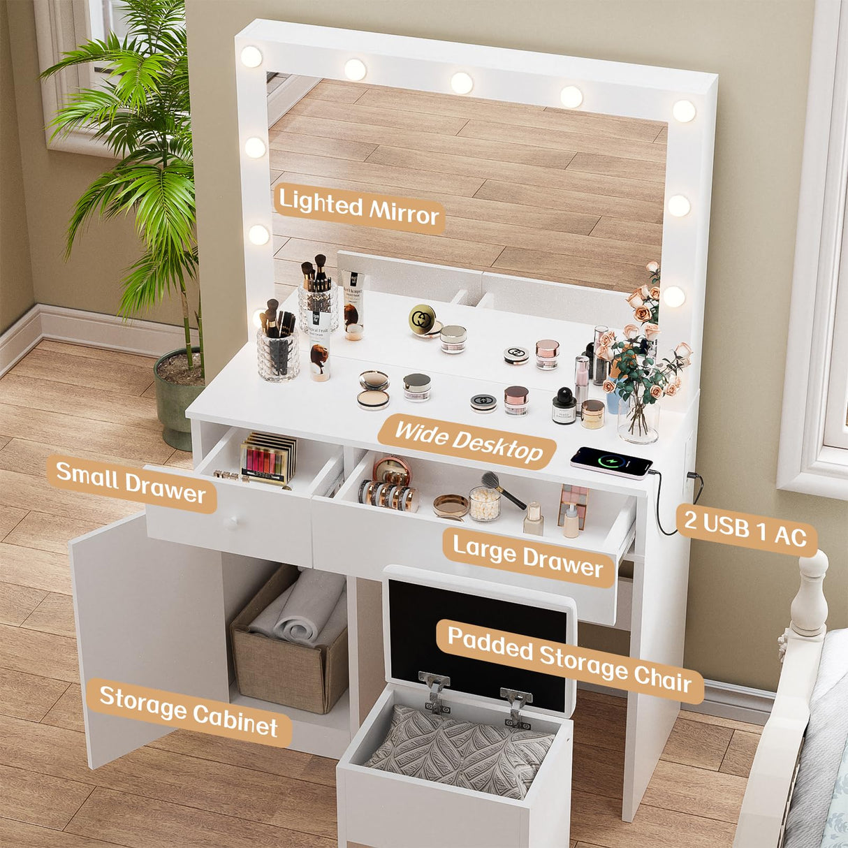Haewon Vanity Desk with Mirror, 11 LED Lights and Power Outlet, Makeup Vanity Set with Storage Cabinet, Drawers and Chair, White Dressing Table with 3 Adjustable Light Modes for Bedroom Haewon