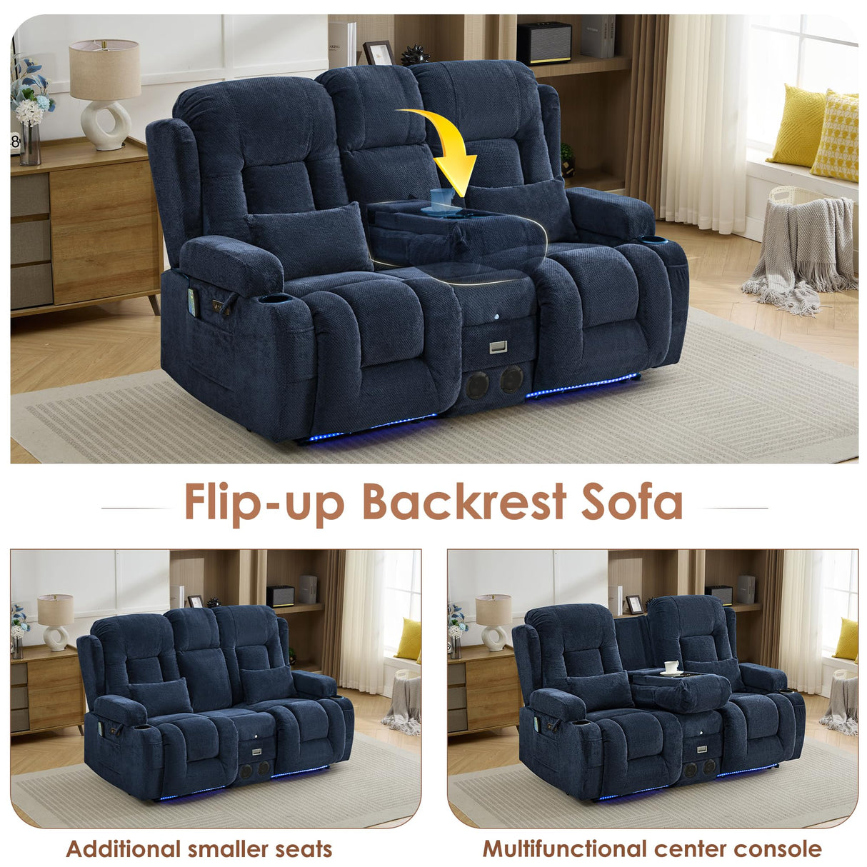 TUNYI Wall Hugger Power Loveseat Recliner - Reclining Loveseat with Console Theater Seating RV Recliner Sofa with USB/Outlet/Speaker/Cup Holder/LED Light/Storage (Beibei VelvetBlue) TUNYI