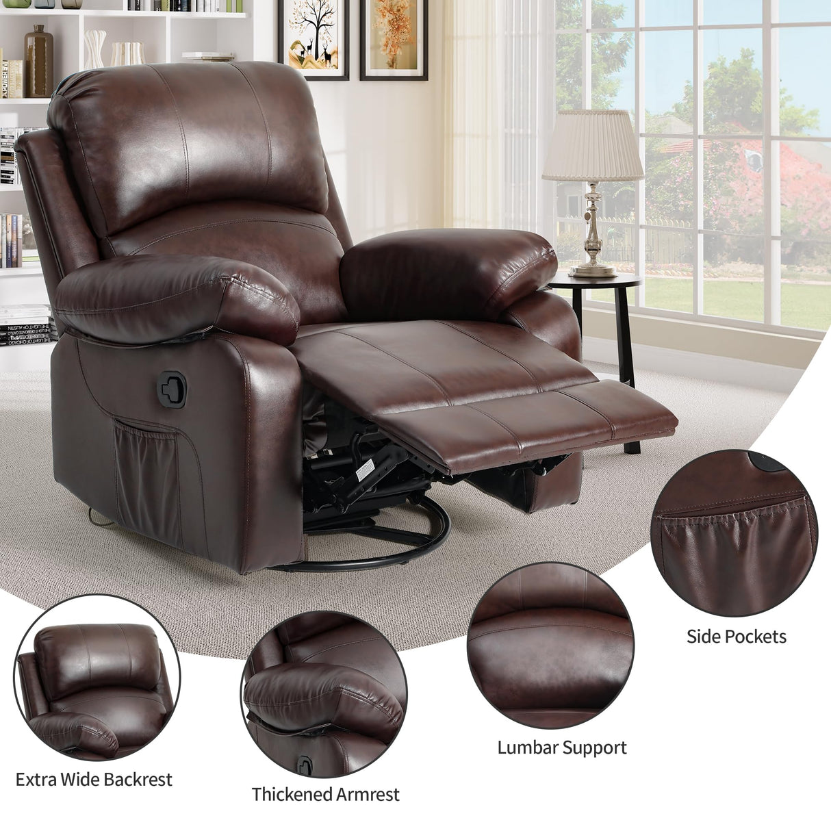 DWVO Rocker Recliner Chair with Heat and Massage, Manual Reclining Chair with Overstuffed Armrest, Rocking Function and Side Pocket, Faux Leather Recliner for Living Room,Brown DWVO