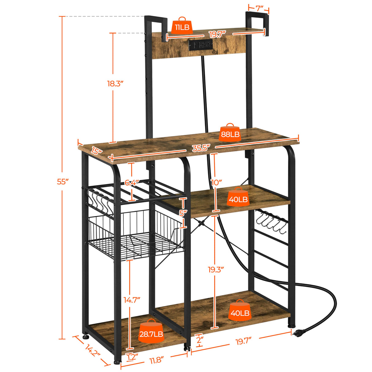 Yaheetech Kitchen Bakers Rack with Power Outlet, Coffee Bar Microwave Stand with Wire Basket and Wine Rack & 10 S-Hooks, Kitchen Island with Storage for Spices/Pots/Pans, Rustic Brown Yaheetech