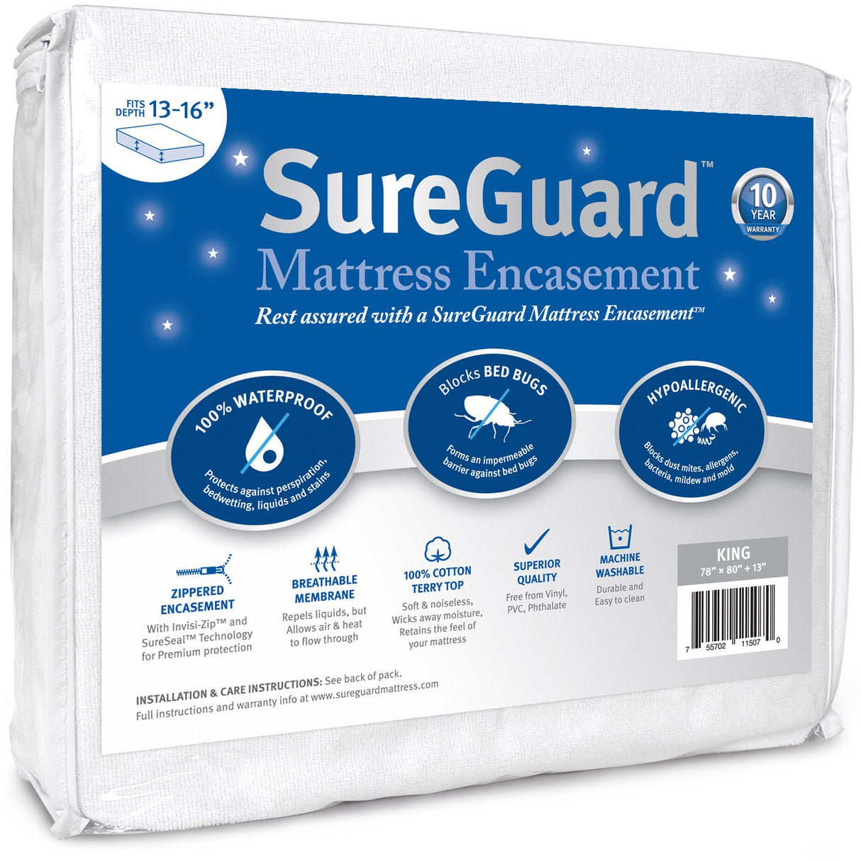 King (13-16 in. Deep) SureGuard Mattress Encasement - 100% Waterproof, Bed Bug Proof, Hypoallergenic - Premium Zippered Six-Sided Cover SureGuard Mattress Protectors