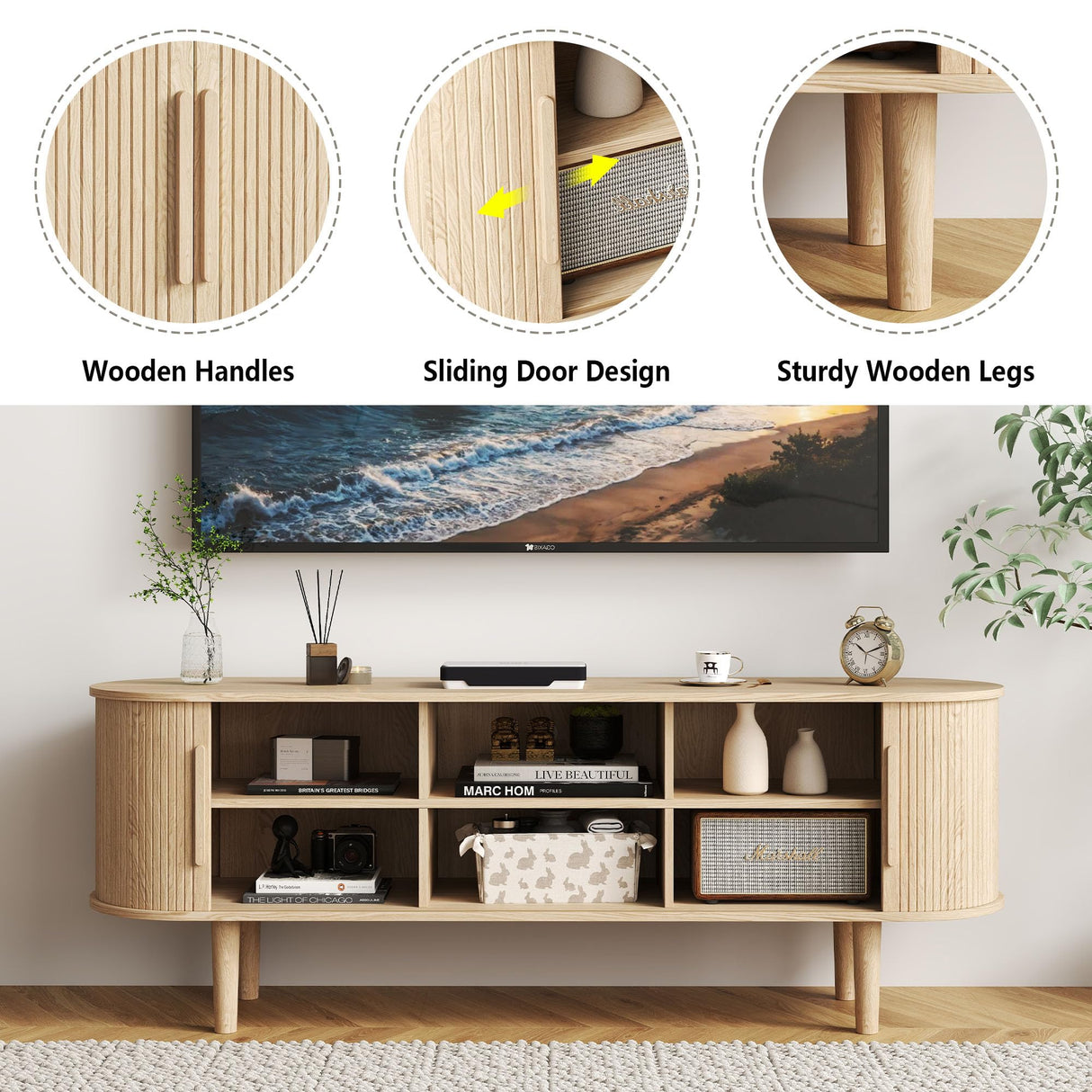 NVETHM TV Stand, Modern TV Console Table with Storage Compartment and Sliding Door, Gaming Entertainment Center with Cabinet for Living Room, Bedroom, Office (Natural) NVETHM