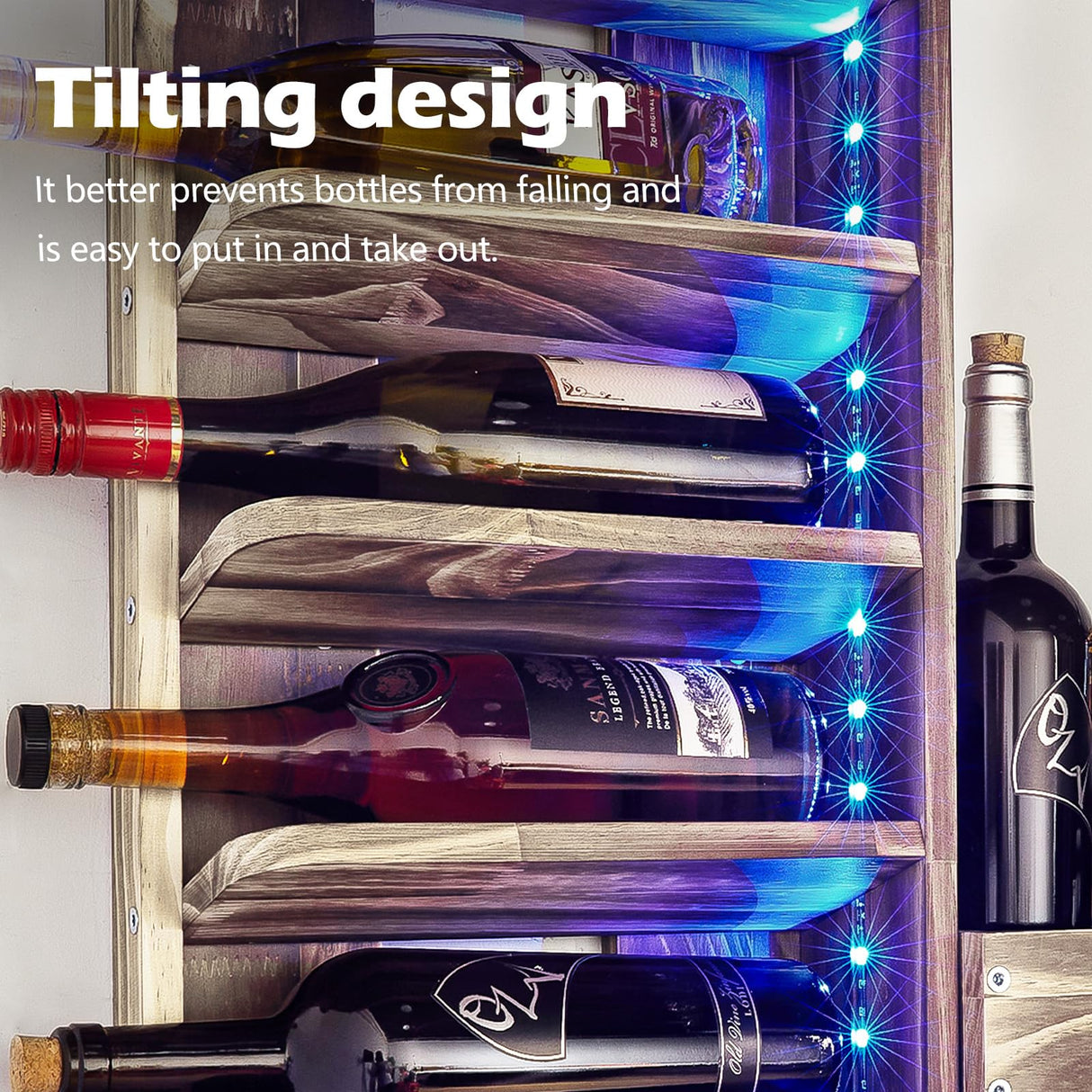 Homde Wine Rack with LED Light Wall Mounted Wood,Wine Shelf with Bottle Stemware Glass Holder Rustic, Wine Display Storage Rack with Cork Holder for Home Bar Kitchen Decor Homde