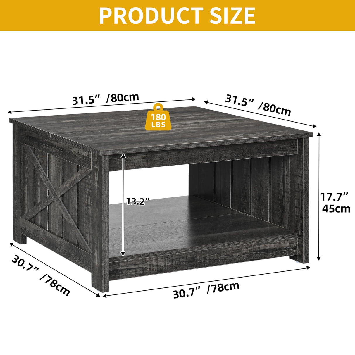 DWVO Square Coffee Tables for Living Room Farmhouse Coffee Table with Storage, 2-Tier Wood Center Table with Half Open Storage Compartment, Dark Rustic Oak DWVO