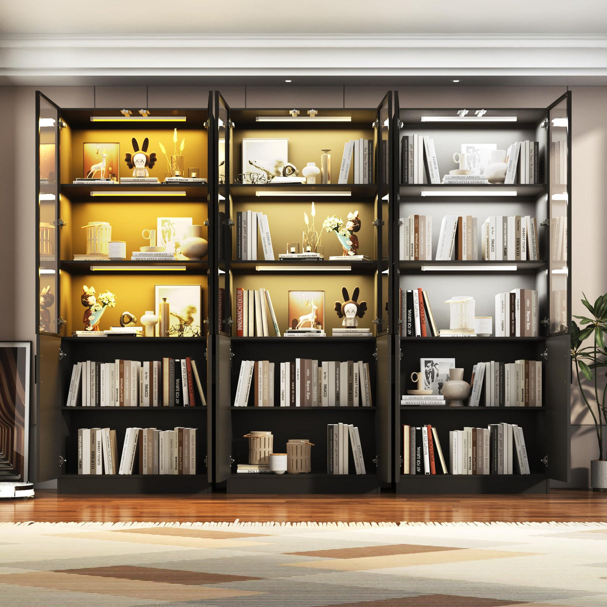 chartustriable 79" Tall Display Cabinet with LED Sensor Light & Pop-up Glass Doors, Modern Bookcase Curio Storage Cabinet for Bedroom, Living Room, Office, Black chartustriable