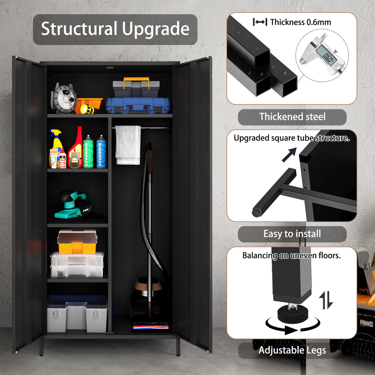 MIOCASA Metal Armoire, Wardrobe Closet Cabinet with Hanging Rod and 4 Shelf Steel Storage Locker Clothes Organizer for Bedroom, Changing Room, Laundry Room, Office (Black) MIOCASA