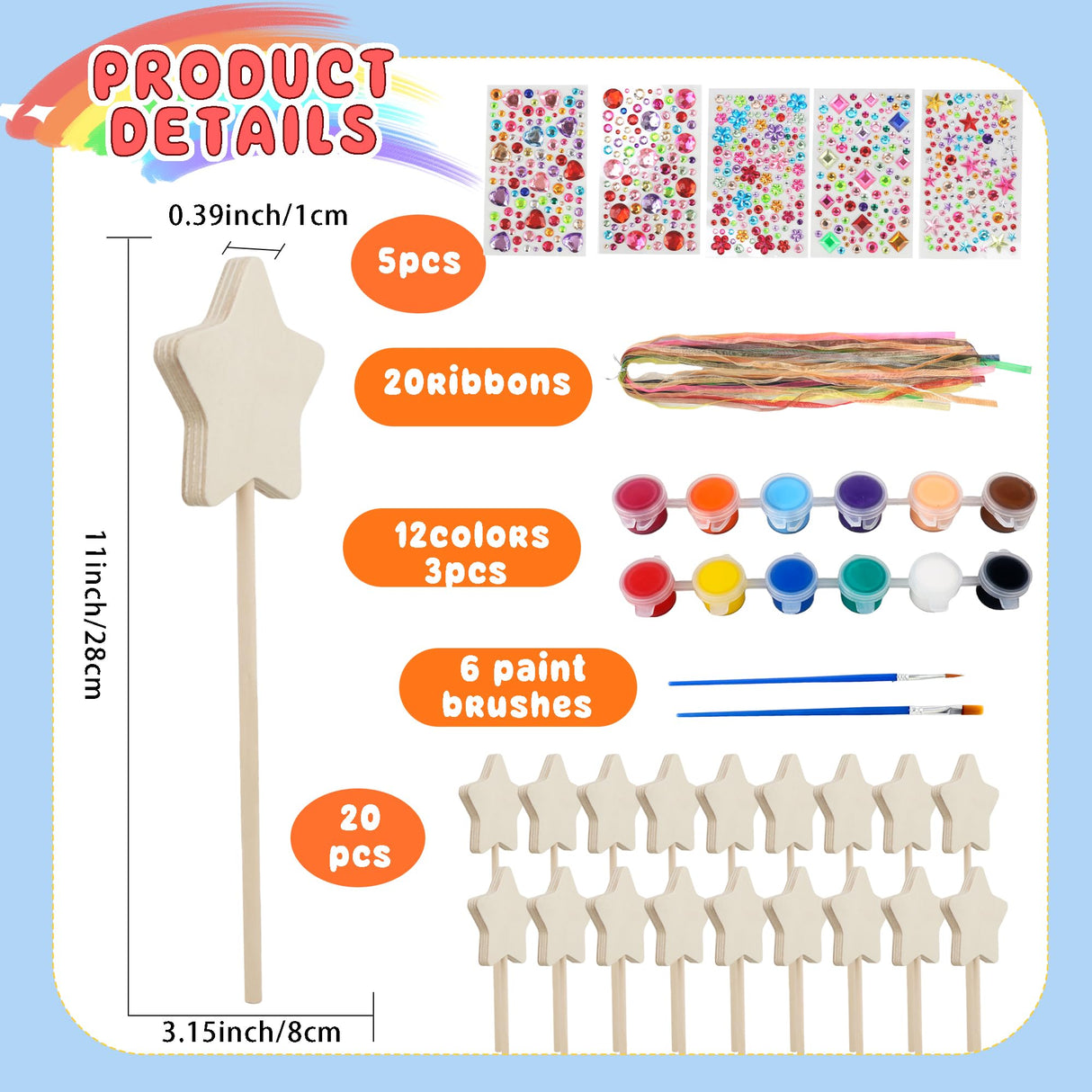 57 Pcs Make Your Own Wooden Princess Wand DIY Fairy Wands Kit Include 20 Pcs 3D Wooden Star Wands 5 Gem Stickers 20 Ribbons 12 Painting Props for Painting Crafts Birthday Party Supplies Holiday Gifts Plukeen