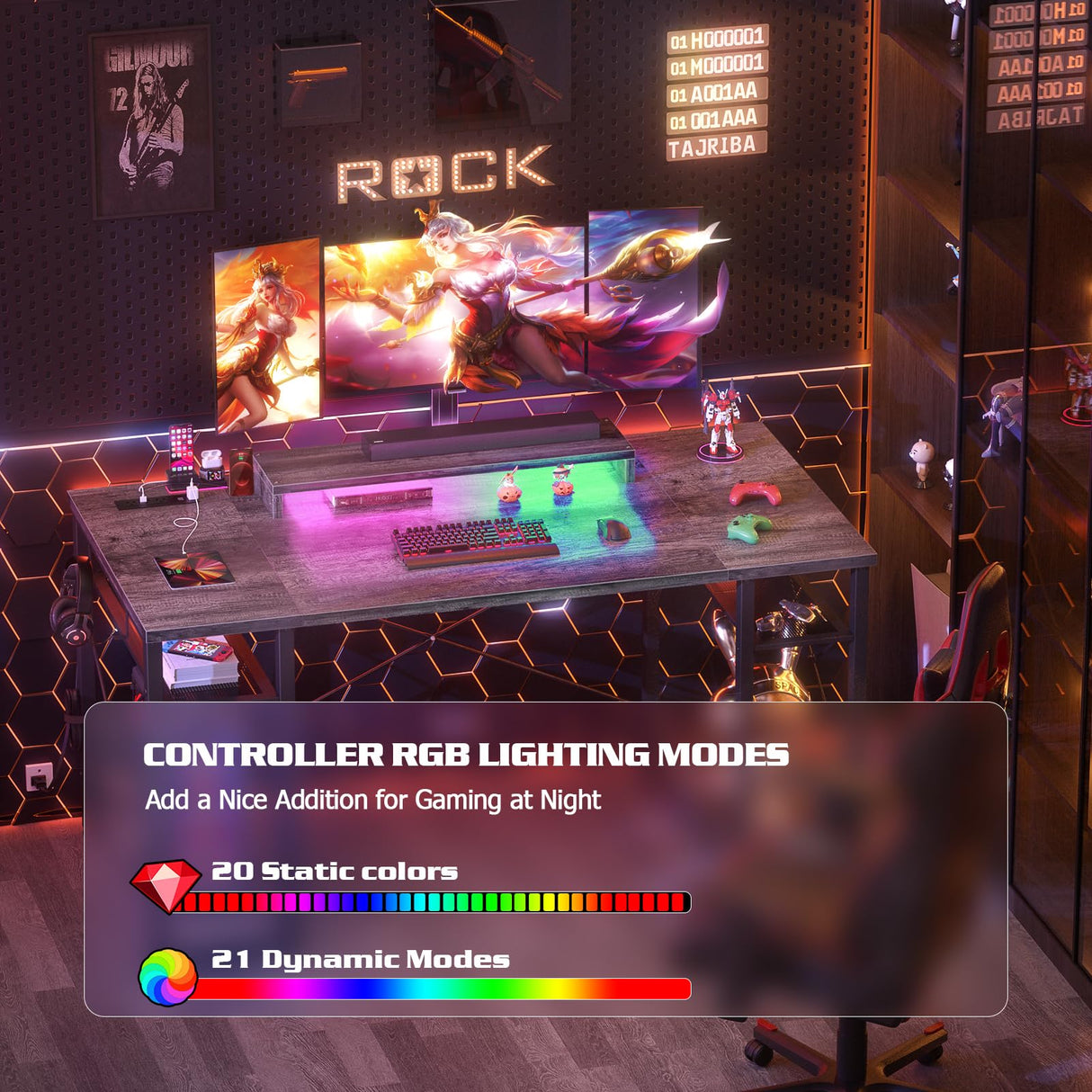 armocity Computer Desk with LED Lights, 55 Inch Desk with Power Outlet and USB, Reversible Large Desk with Moveable Monitor Stand, 55.2'' Gaming PC Table for Home Office, Workstation, Grey armocity