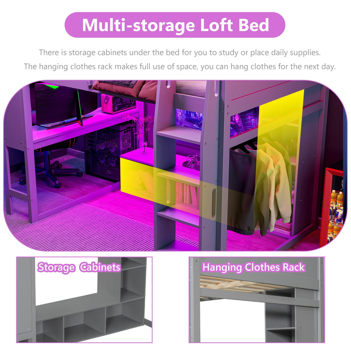 Polibi Wood Full Size Gaming Loft Bed with 55.9Lx12W inch Desk and Shelf,Bed Frame with LED,Hanging Clothes Rack and Storage Cabinet,Gray Polibi