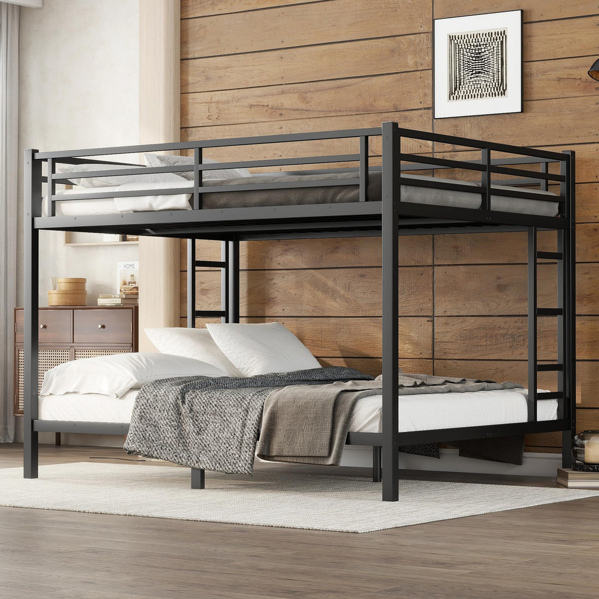 Metal Queen Over Queen Bunk Bed, Heavey Duty Bunk Bed Frame, Queen Bunk Bed for Adults Teens Boys Girls, Black Bellemave