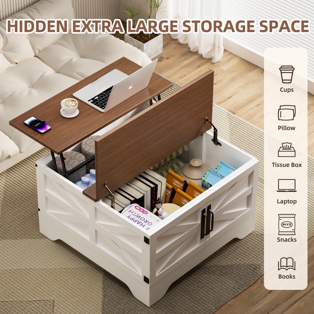 Farmhouse Coffee Table with Storage, Square Lift Top Coffee Table with LED light for Living Room,Small Modern Center Table with Wood Top and Barn Door for Small Space Bedroom Home Office(White Walnut) HAIOOU