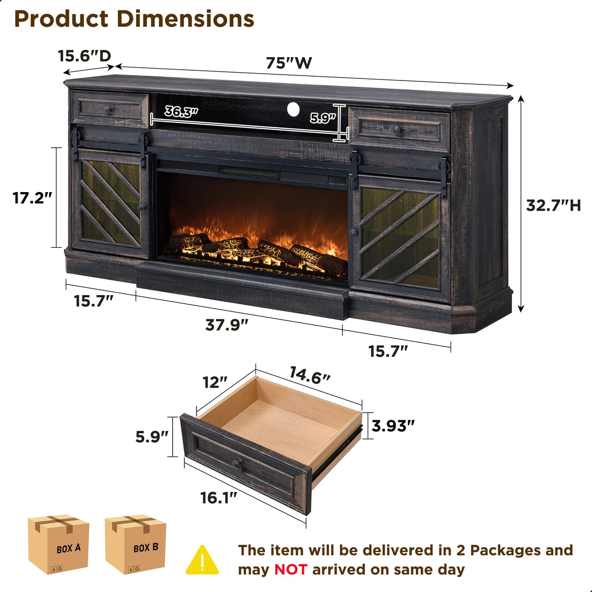 OKD 75” Fireplace TV Stand for 85 Inch TV, Farmhouse Highboy Entertainment Center with 36” Electric Fireplace, Modern Media Console Table with Drawers Storage&Cabinets for Living Room, Dark Rustic Oak OKD
