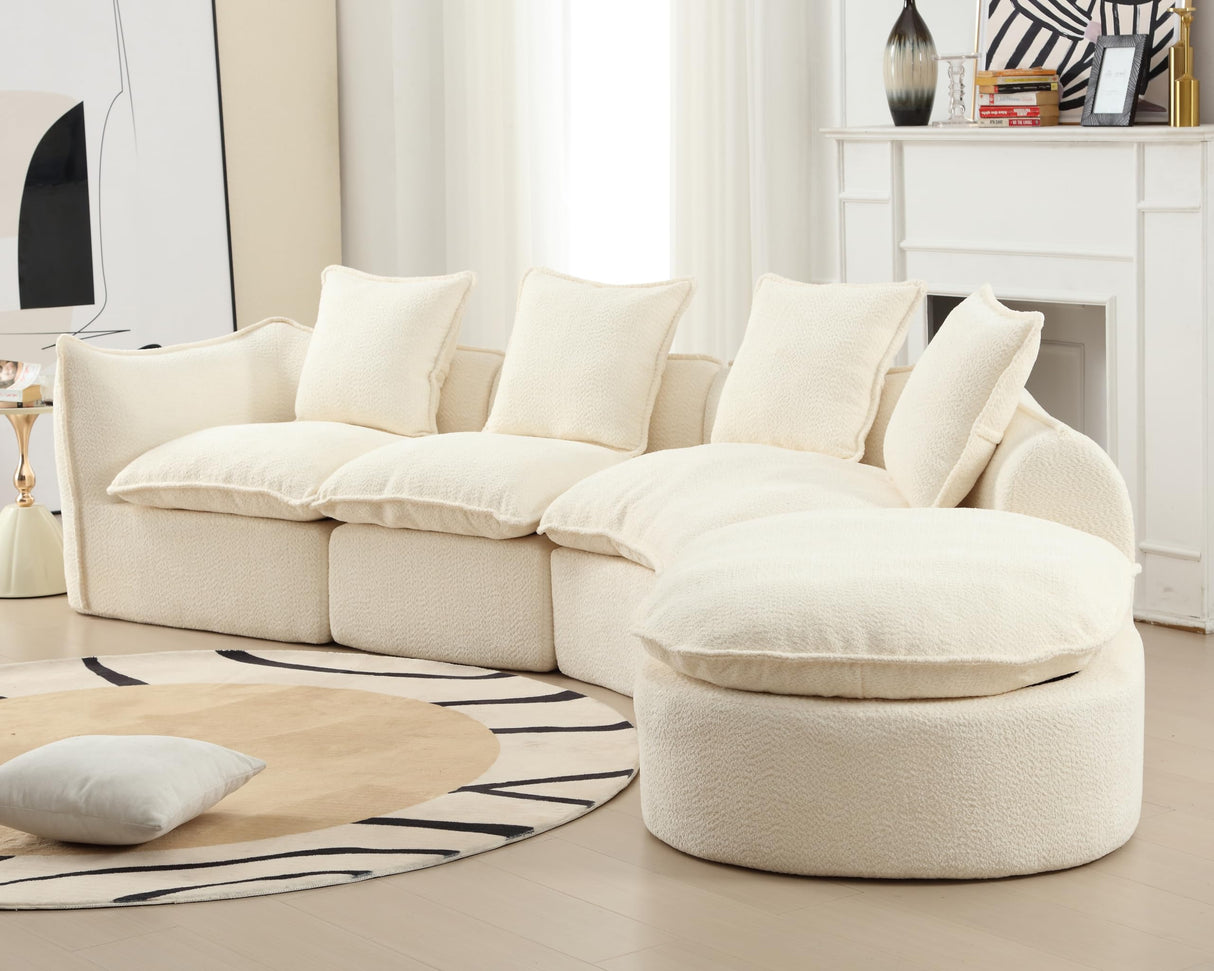 137.8” Curved Boucle Sofa Couch, Modern Sectional Sofa Cloud Deep Seat Couch with 4 Pillows, Comfy Modular 5-Seat Couches for Living Room Apartment (Beige) Haplized