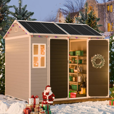 CDCASA 8x6X7 FT Resin Shed, Waterproof Large Outdoor Storage Shed with Floor & Lockable Door & 2 Windows, Plastic Tool Shed for Outside, Backyard, Patio, Poolside, Bike, Grey