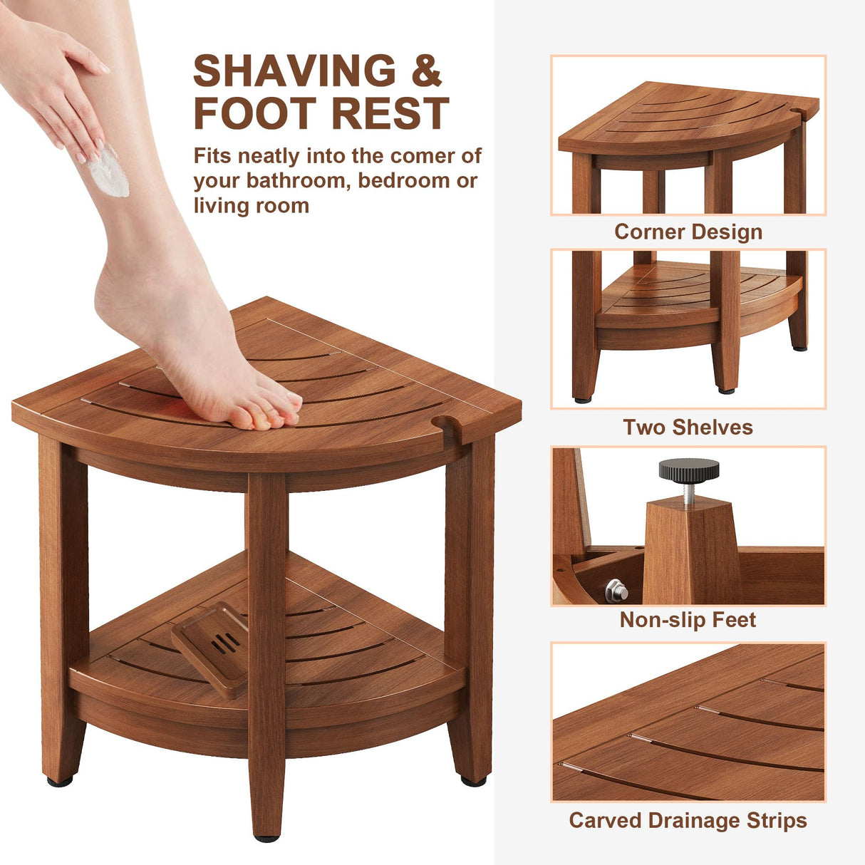 Jekruiet Teak Shower Bench for Corner, 18 inch Shower Chair Stool for Shaving Legs with Storage Shelf,Waterproof Bathroom Bench Seat for Elderly and Disabled Indoor Use Jekruiet